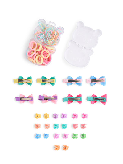 Combo of - 1 Jumbo pack assorted hair-ties, 4 Pair alligator clips and 10 pair claw clips - Multicolour