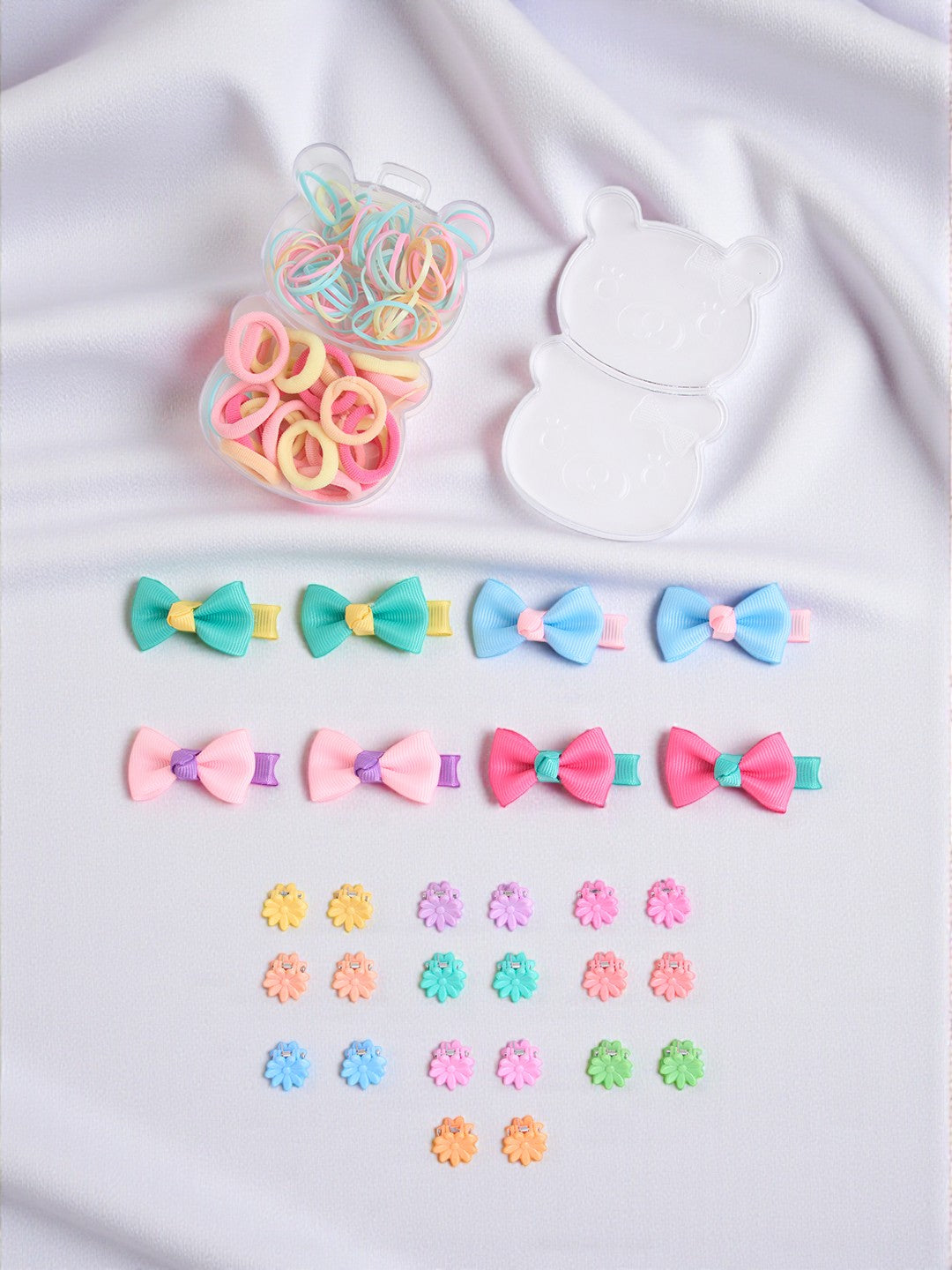 Combo of - 1 Jumbo pack assorted hair-ties, 4 Pair alligator clips and 10 pair claw clips - Multicolour