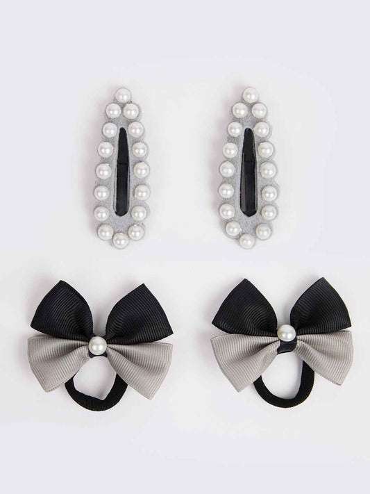 Combo:1 Pair cute pearl embellished tic-tacs and 1 pair dual bow rubber bands - Black, Grey