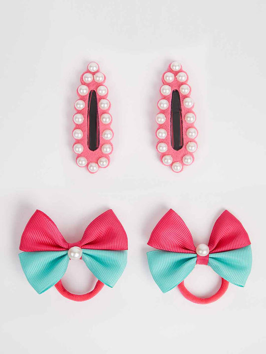 Combo:1 Pair cute pearl embellished tic-tacs and 1 pair dual bow rubber bands - Pink, Sea green