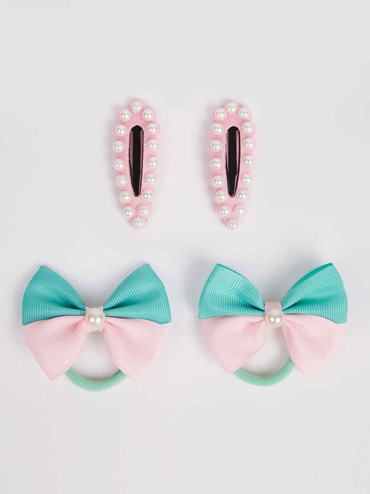 Combo:1 Pair cute pearl embellished tic-tacs and 1 pair dual bow rubber bands - Light pink, Sea green