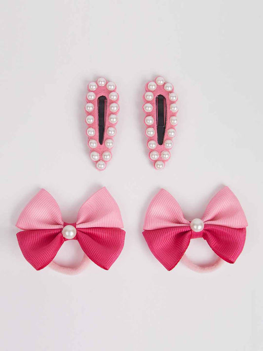 Combo:1 Pair cute pearl embellished tic-tacs and 1 pair dual bow rubber bands - Pink