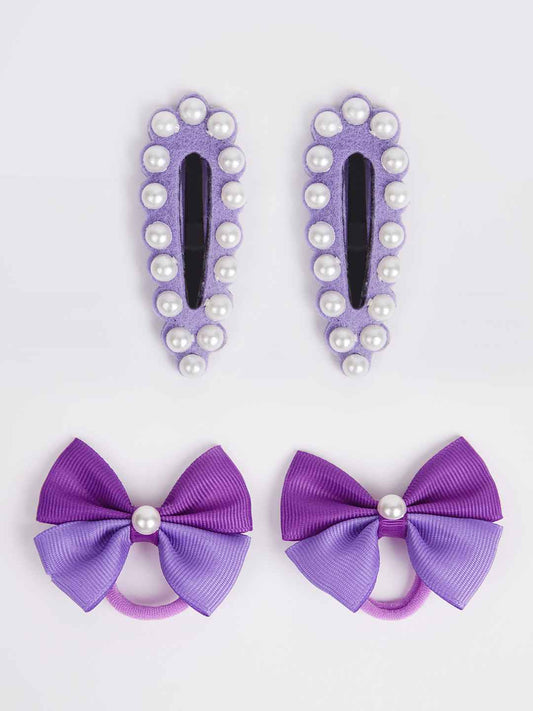 Combo:1 Pair cute pearl embellished tic-tacs and 1 pair dual bow rubber bands - Purple