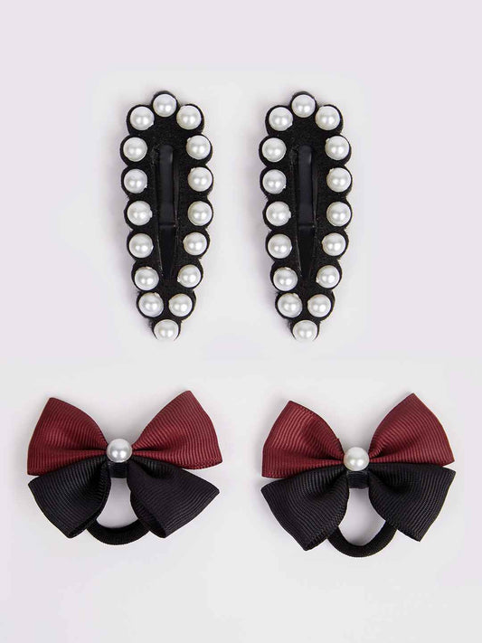 Combo:1 Pair cute pearl embellished tic-tacs and 1 pair dual bow rubber bands - Black, Maroon