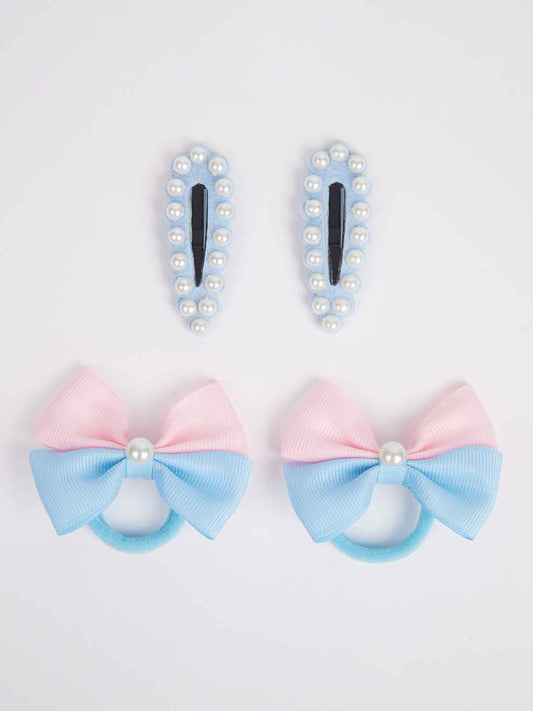 Combo:1 Pair cute pearl embellished tic-tacs and 1 pair dual bow rubber bands - Light pink, Light blue