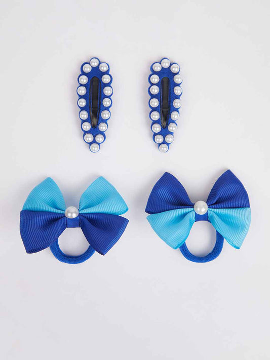 Combo:1 Pair cute pearl embellished tic-tacs and 1 pair dual bow rubber bands - Blue