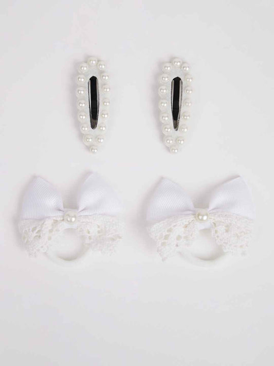 Combo:1 Pair cute pearl embellished tic-tacs and 1 pair dual bow rubber bands - White