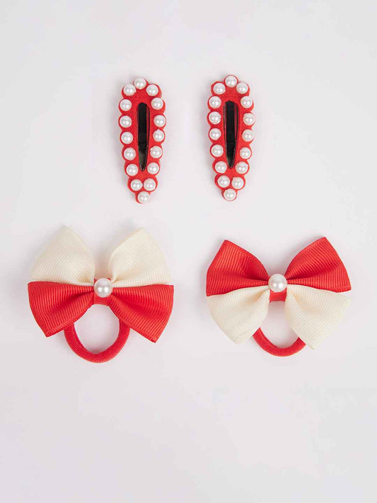 Combo:1 Pair cute pearl embellished tic-tacs and 1 pair dual bow rubber bands - Red, Off white