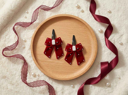 Elegant velvet bow on tic-tac pins with pearls - Red