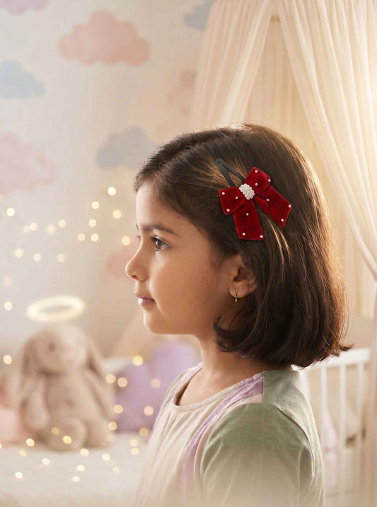 Elegant velvet bow on tic-tac pins with pearls - Red