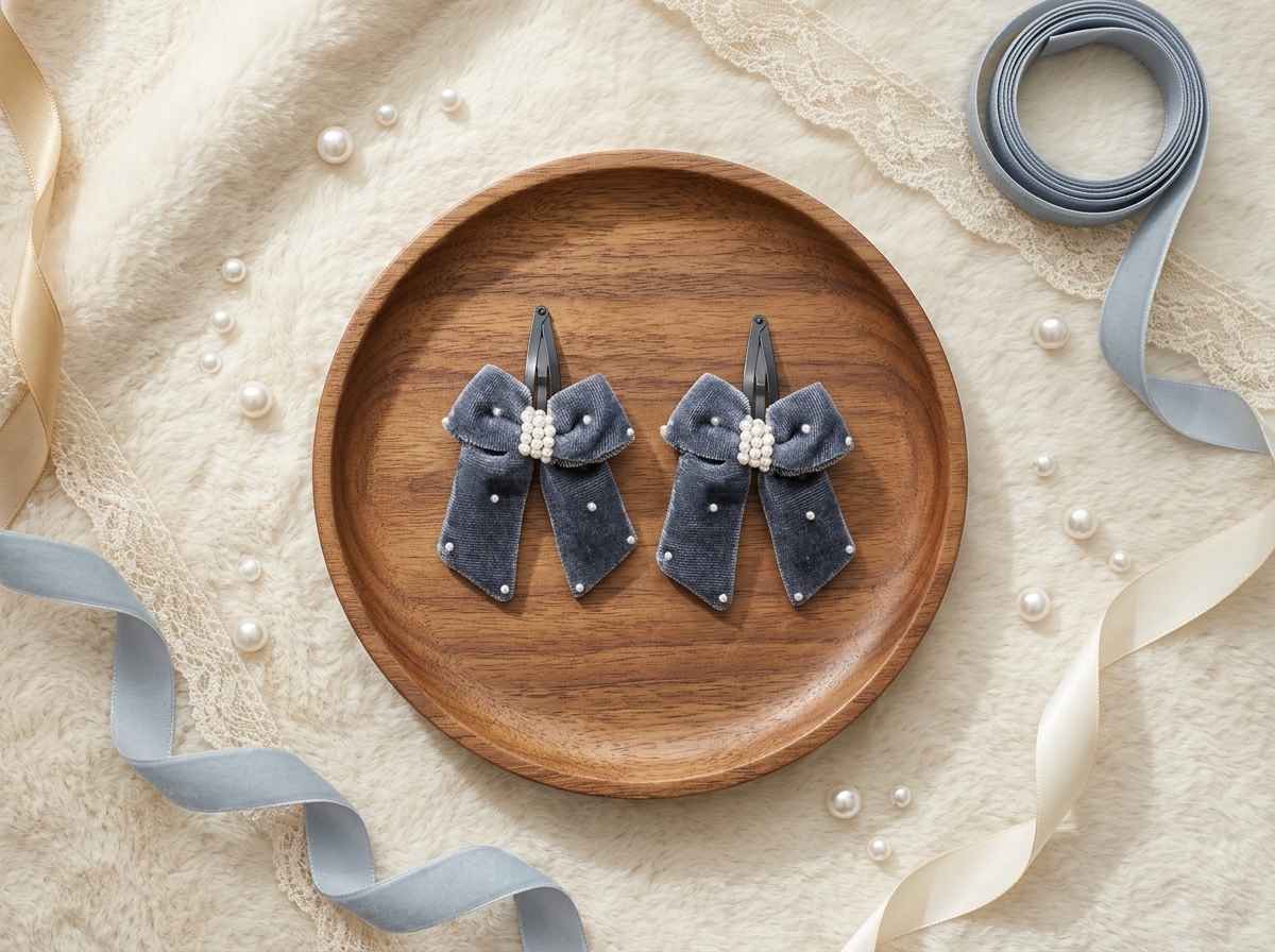 Elegant velvet bow on tic-tac pins with pearls - Grey