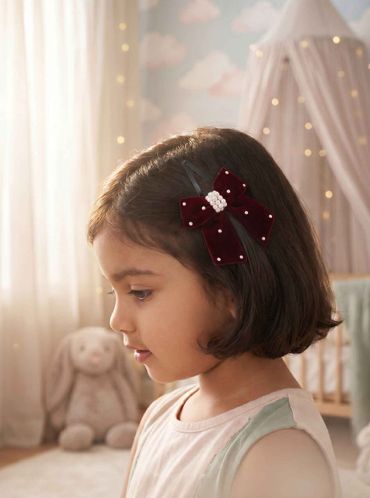 Elegant velvet bow on tic-tac pins with pearls - Maroon