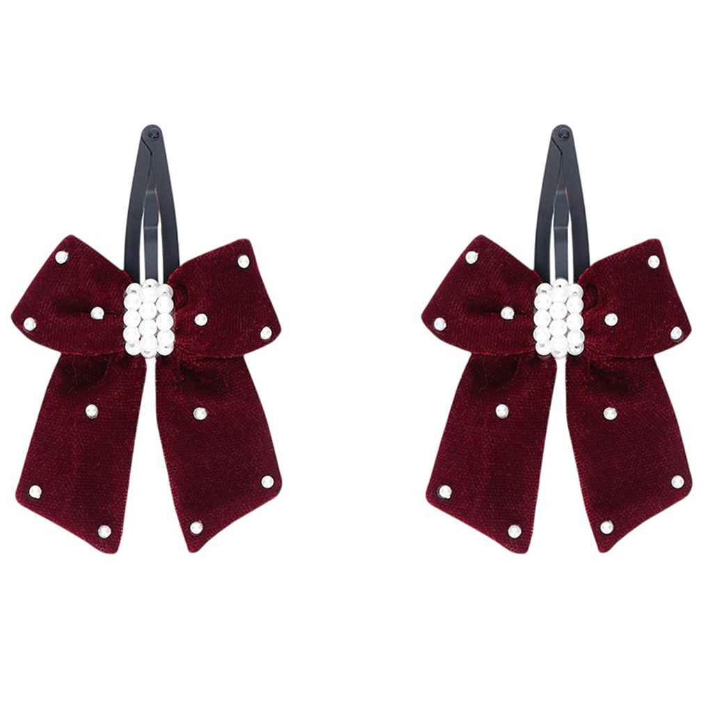 Elegant velvet bow on tic-tac pins with pearls - Maroon