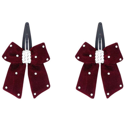 Elegant velvet bow on tic-tac pins with pearls - Maroon