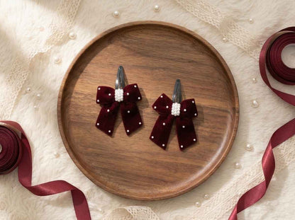 Elegant velvet bow on tic-tac pins with pearls - Maroon