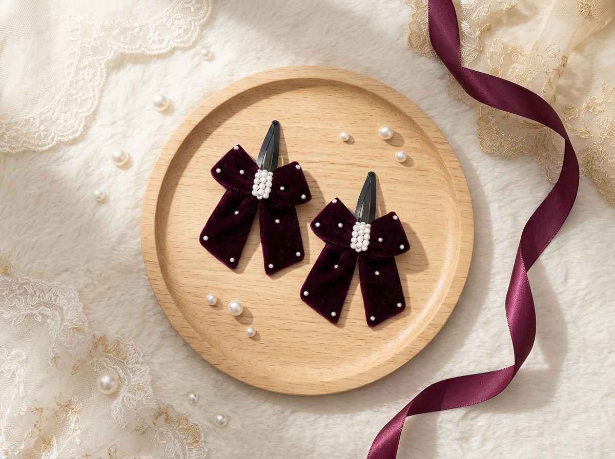 Elegant velvet bow on tic-tac pins with pearls - Magenta