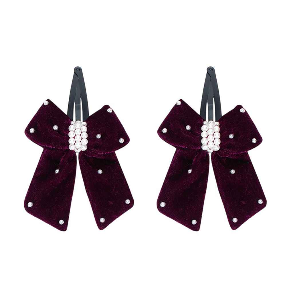 Elegant velvet bow on tic-tac pins with pearls - Magenta