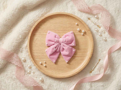 Velvet party bow on alligator clip with pearls - Light Pink