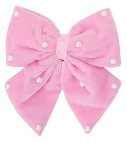 Velvet party bow on alligator clip with pearls - Light Pink