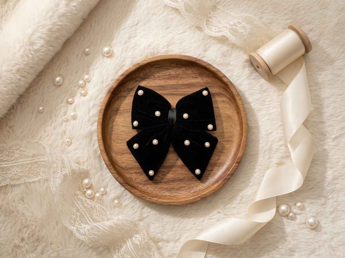 Velvet party bow on alligator clip with pearls - Black