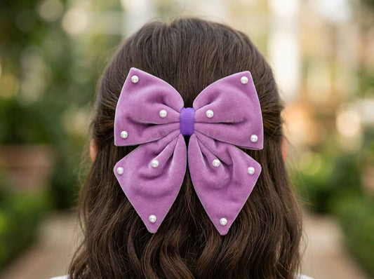 Velvet party bow on alligator clip with pearls - Purple