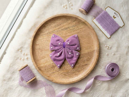 Velvet party bow on alligator clip with pearls - Purple