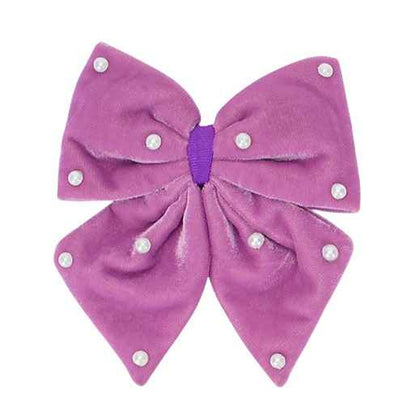 Velvet party bow on alligator clip with pearls - Purple