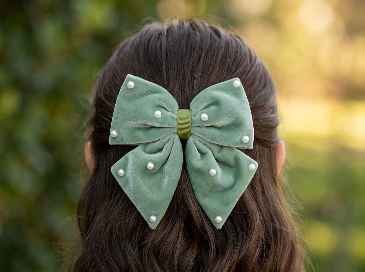 Velvet party bow on alligator clip with pearls - Olive green