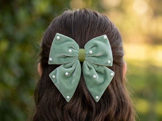 Velvet party bow on alligator clip with pearls - Olive green