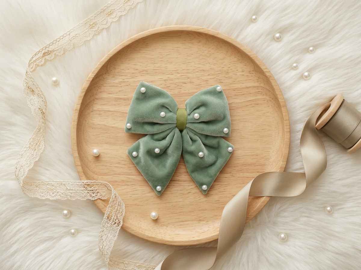 Velvet party bow on alligator clip with pearls - Olive green