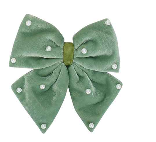 Velvet party bow on alligator clip with pearls - Olive green