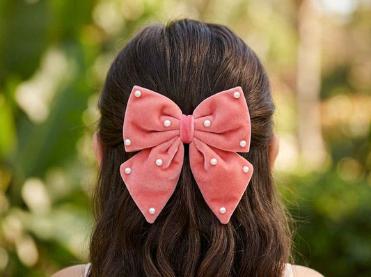 Velvet party bow on alligator clip with pearls - Peach