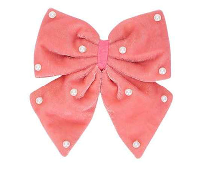 Velvet party bow on alligator clip with pearls - Peach