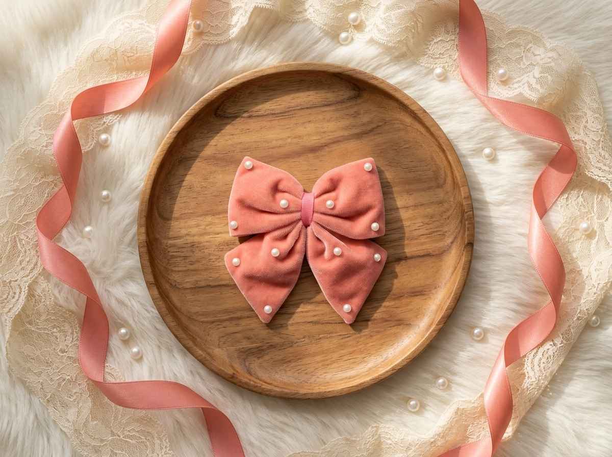 Velvet party bow on alligator clip with pearls - Peach