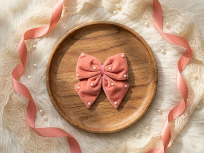 Velvet party bow on alligator clip with pearls - Peach
