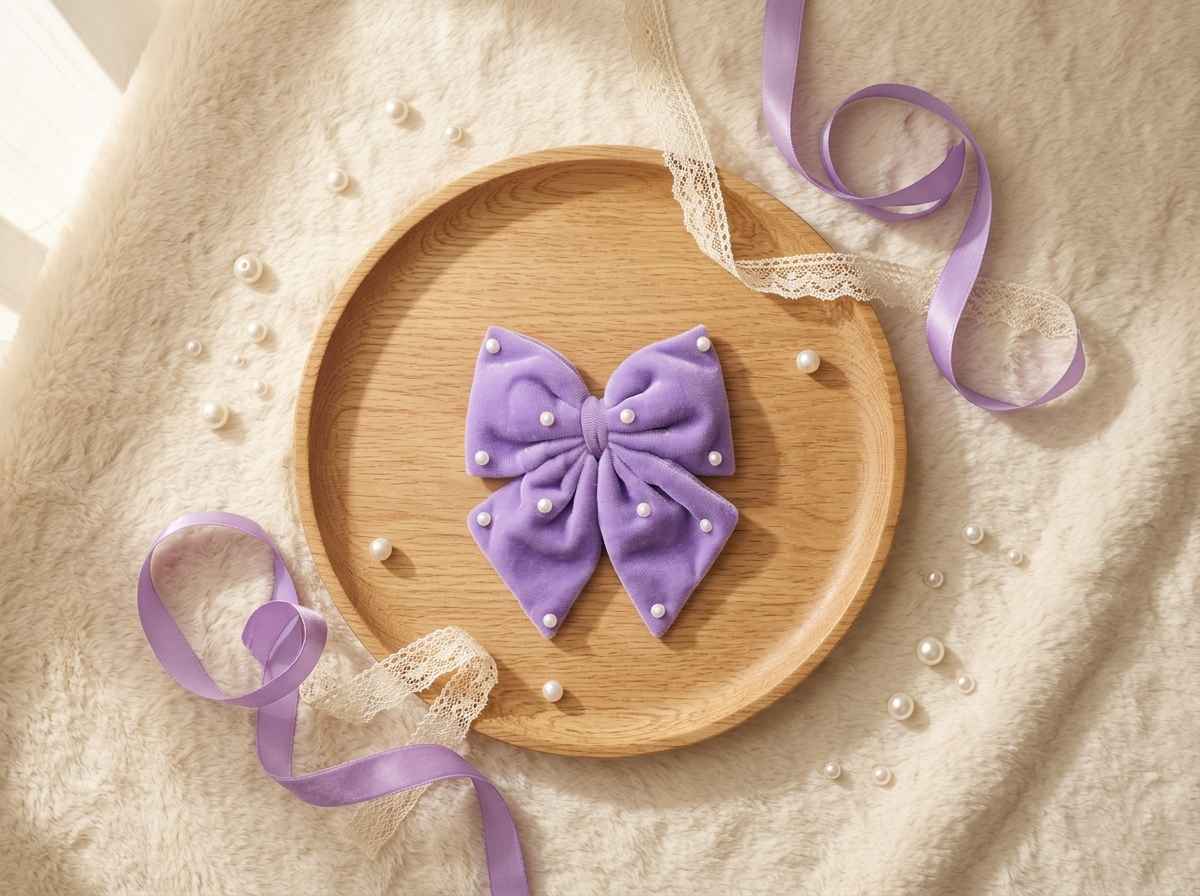 Velvet party bow on alligator clip with pearls - Lilac