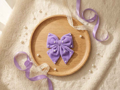 Velvet party bow on alligator clip with pearls - Lilac