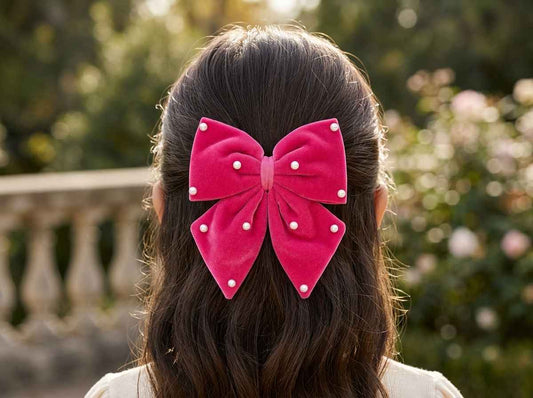 Velvet party bow on alligator clip with pearls - Rose Pink
