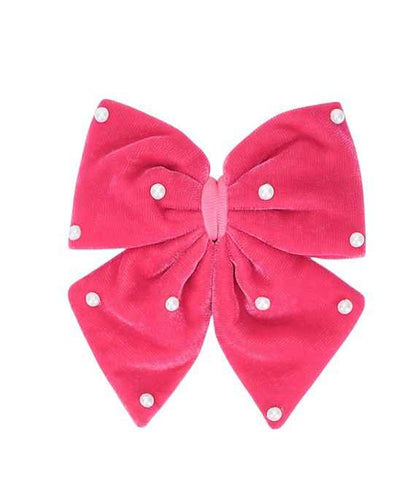 Velvet party bow on alligator clip with pearls - Rose Pink