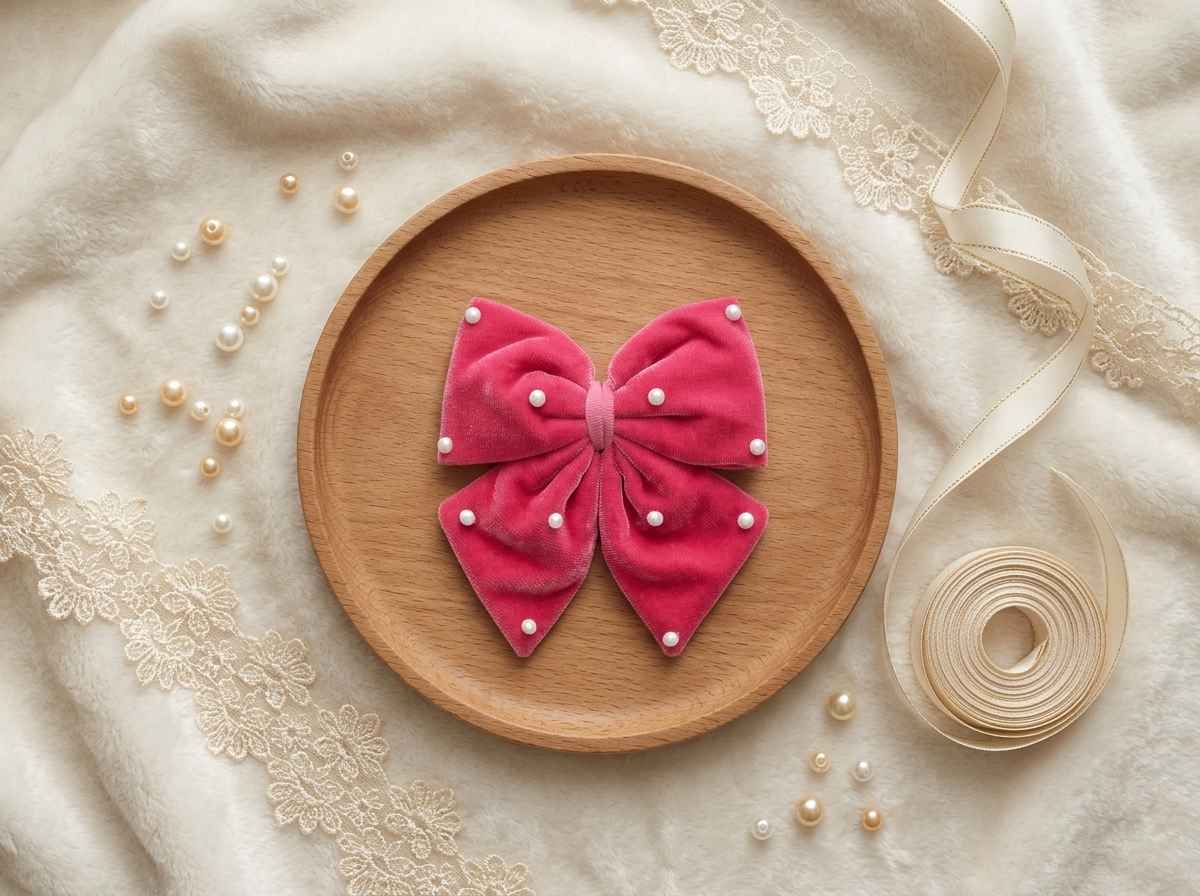 Velvet party bow on alligator clip with pearls - Rose Pink