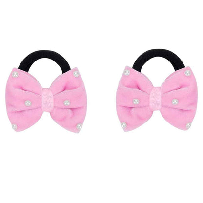 Velvet bow on rubberbands with pearls - Light pink
