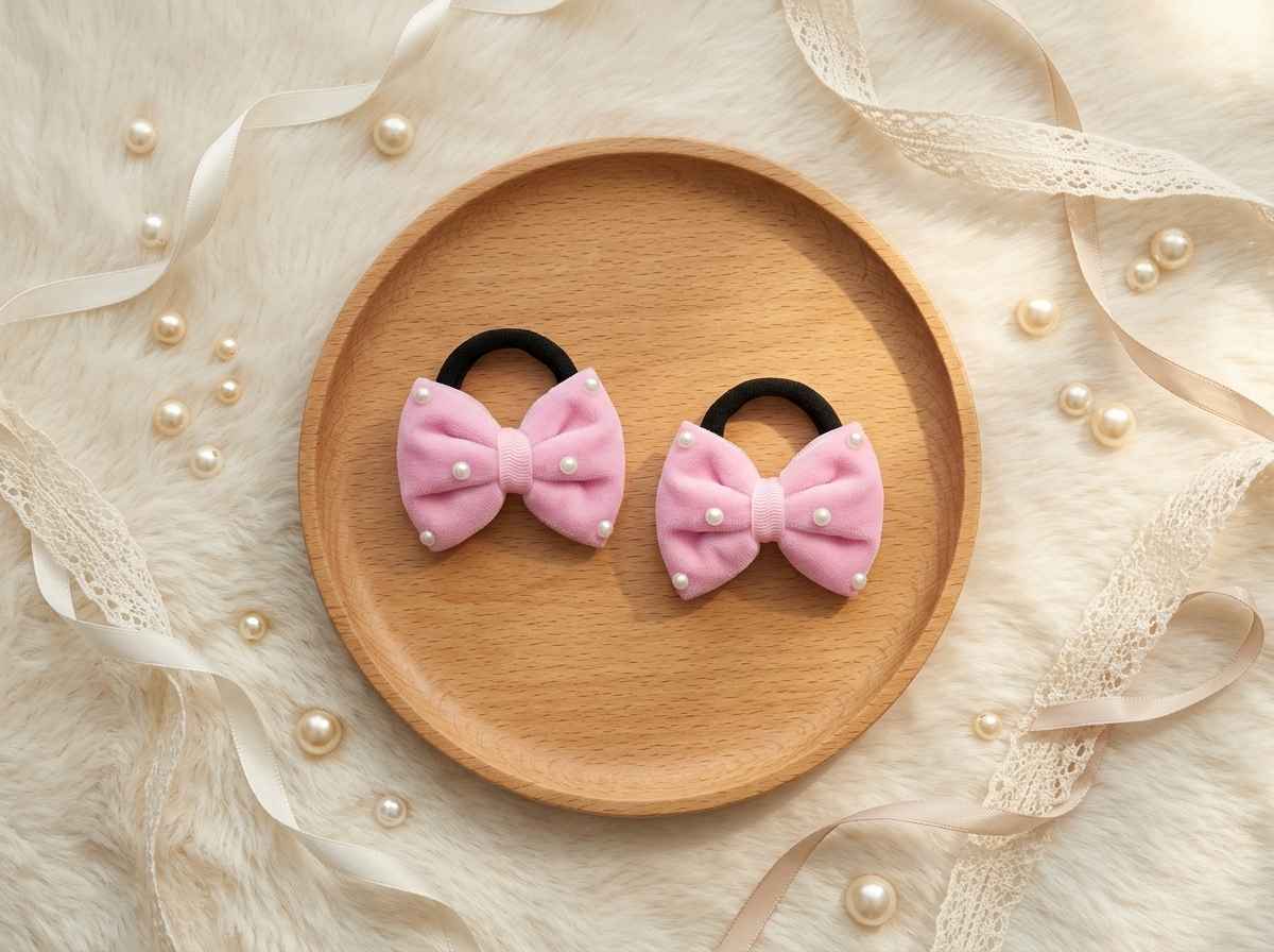 Velvet bow on rubberbands with pearls - Light pink