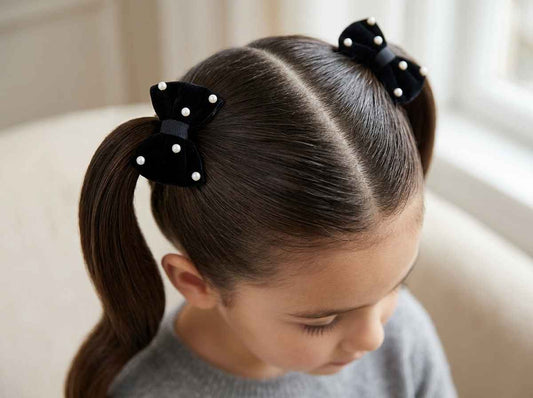 Velvet bow on rubberbands with pearls - Black