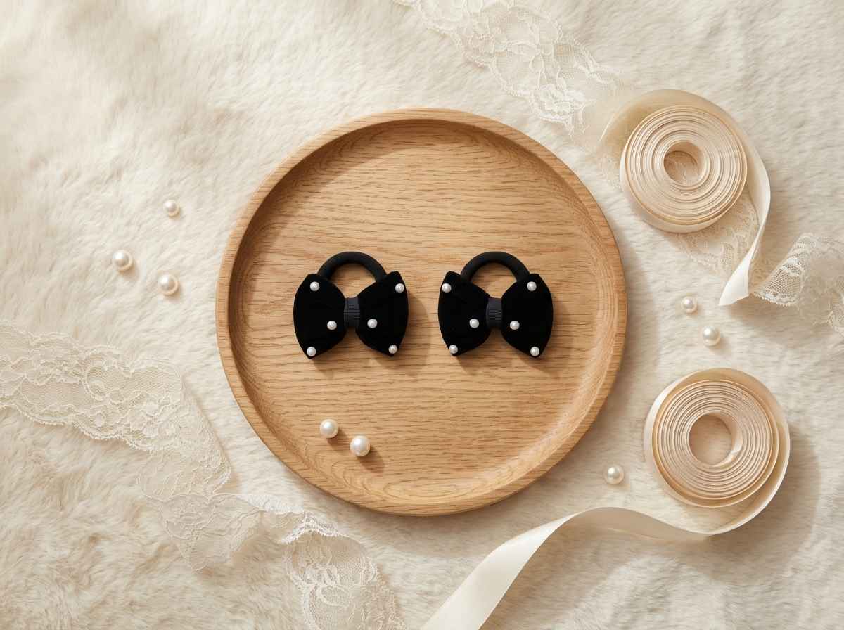 Velvet bow on rubberbands with pearls - Black