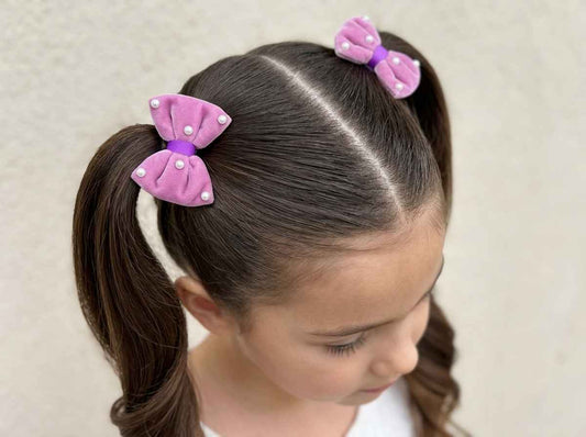 Velvet bow on rubberbands with pearls - Purple