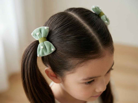 Velvet bow on rubberbands with pearls - Olive green
