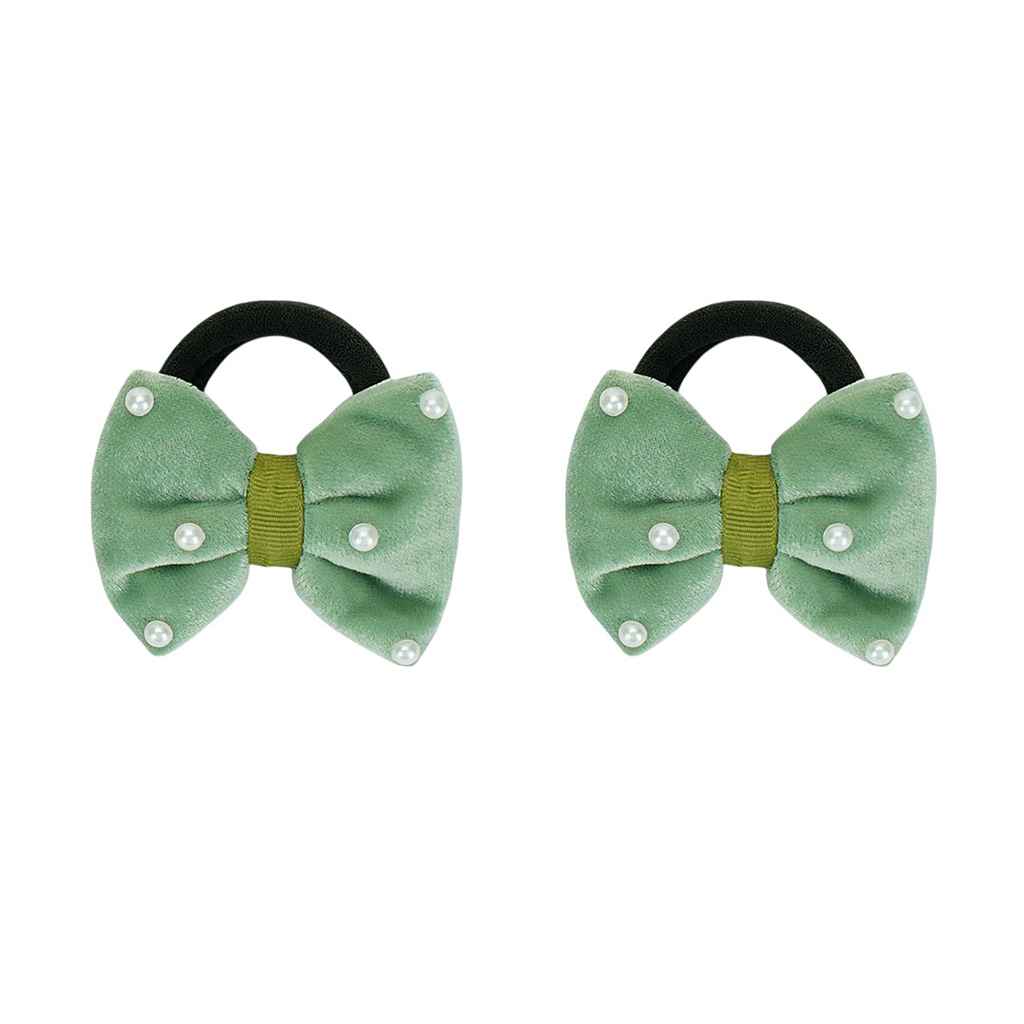 Velvet bow on rubberbands with pearls - Olive green
