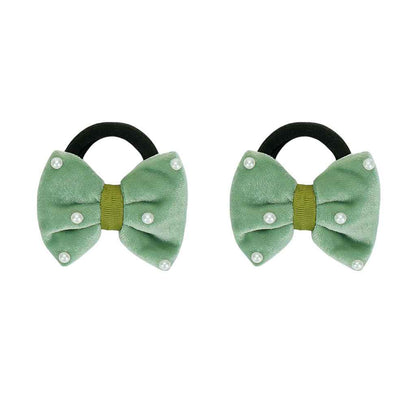 Velvet bow on rubberbands with pearls - Olive green