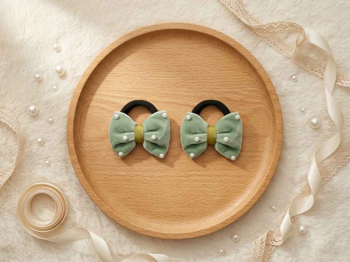 Velvet bow on rubberbands with pearls - Olive green