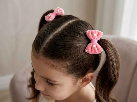 Velvet bow on rubberbands with pearls - Peach